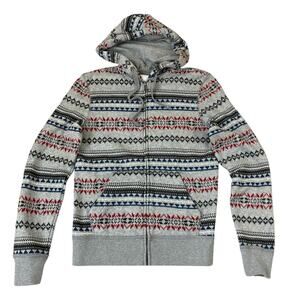 Y2K Aeropostale Fair Isle Full Zip Hoodie Sweatshirt Men Size XS Thick Gray Red